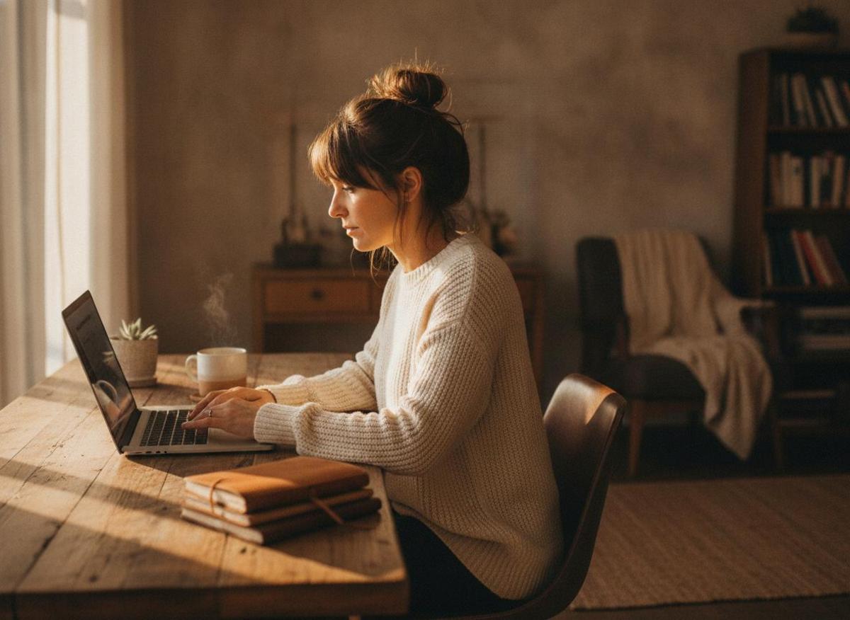 Solo entrepreneur researching SEO trends for small business 2026 on laptop in sunlit home office with coffee