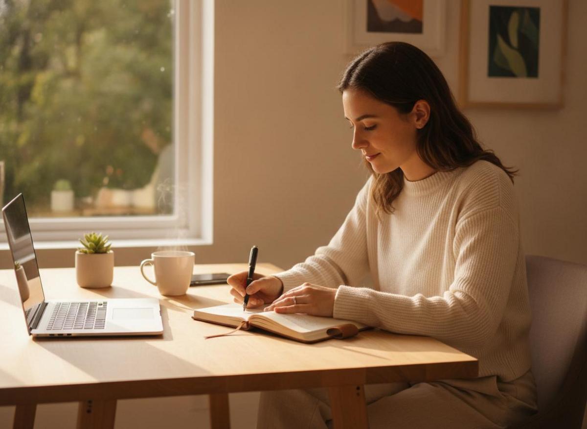 Small business owner researching SEO trends for small business 2026, writing notes at a sunlit minimalist desk