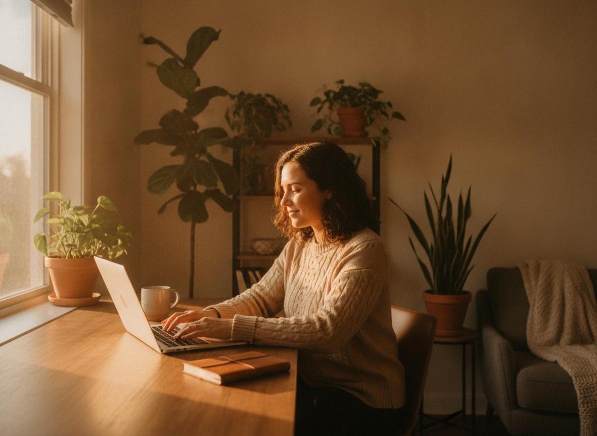 Person at home office laptop embracing seo trends for small business 2026 with focused, niche-driven productivity