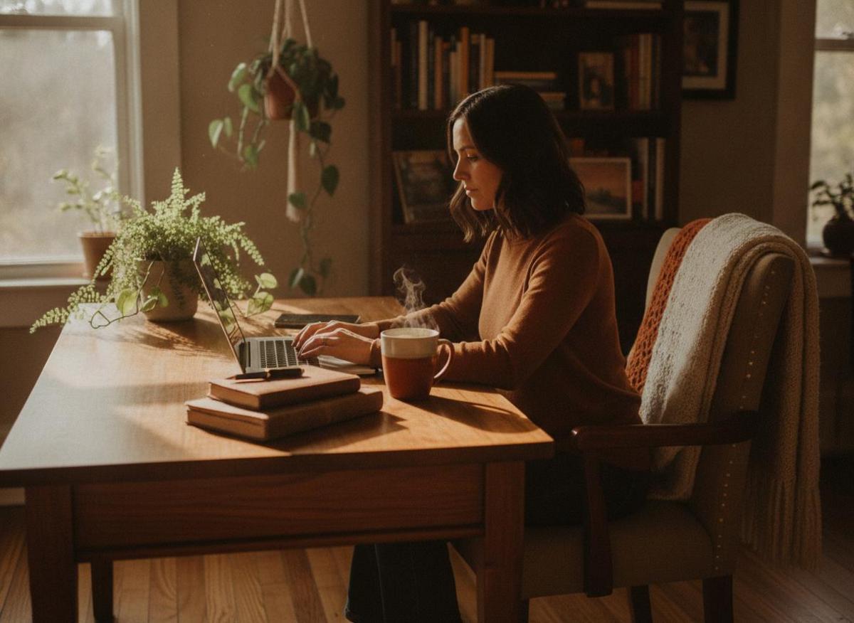 Woman using ai marketing tools for small business at cozy home office desk with coffee and plants in warm morning light