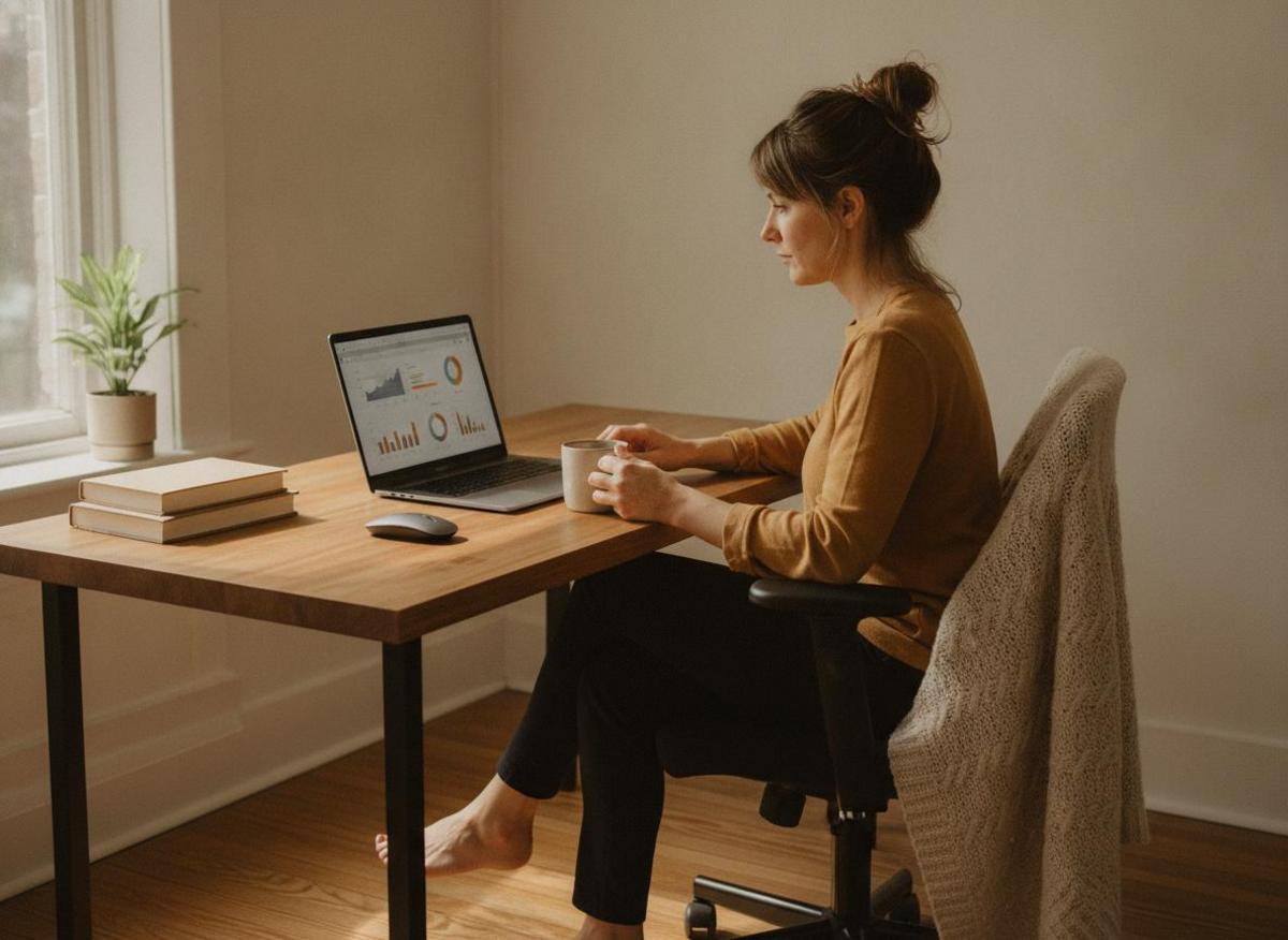 Entrepreneur using ai marketing tools for small business analytics on laptop in sunlit minimalist home office