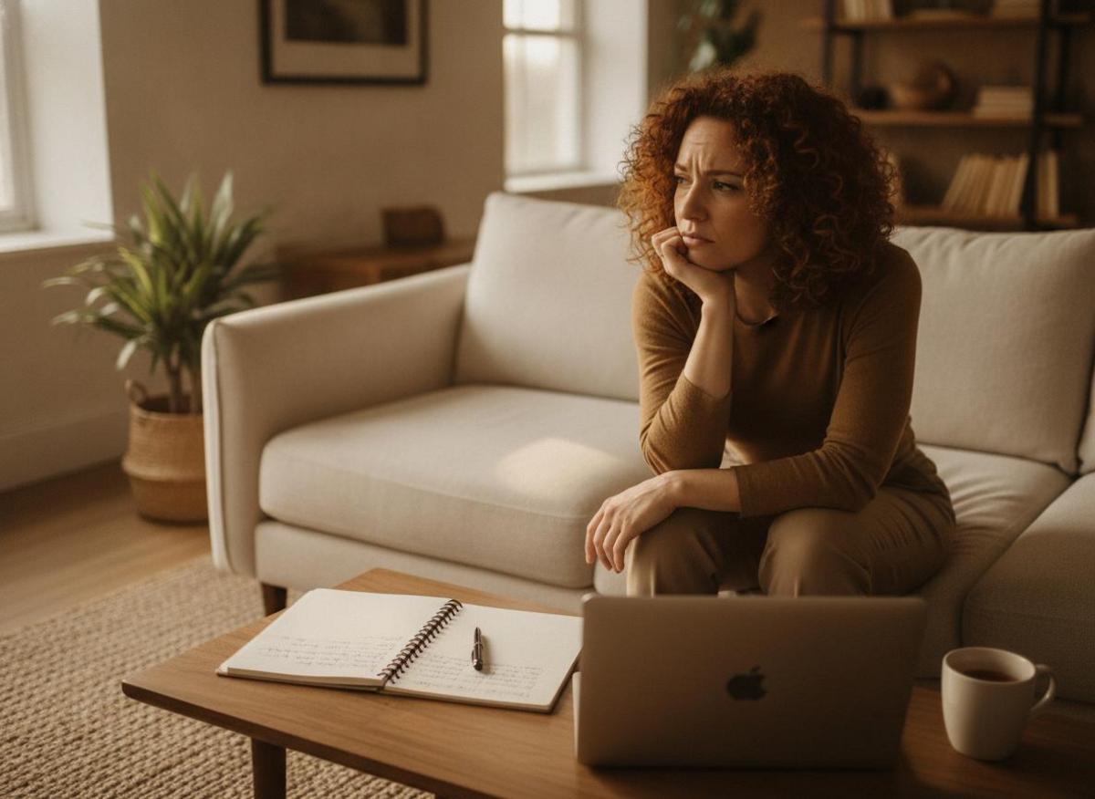 Frustrated woman pausing from laptop in home office, reflecting on ai marketing tools for small business limitations