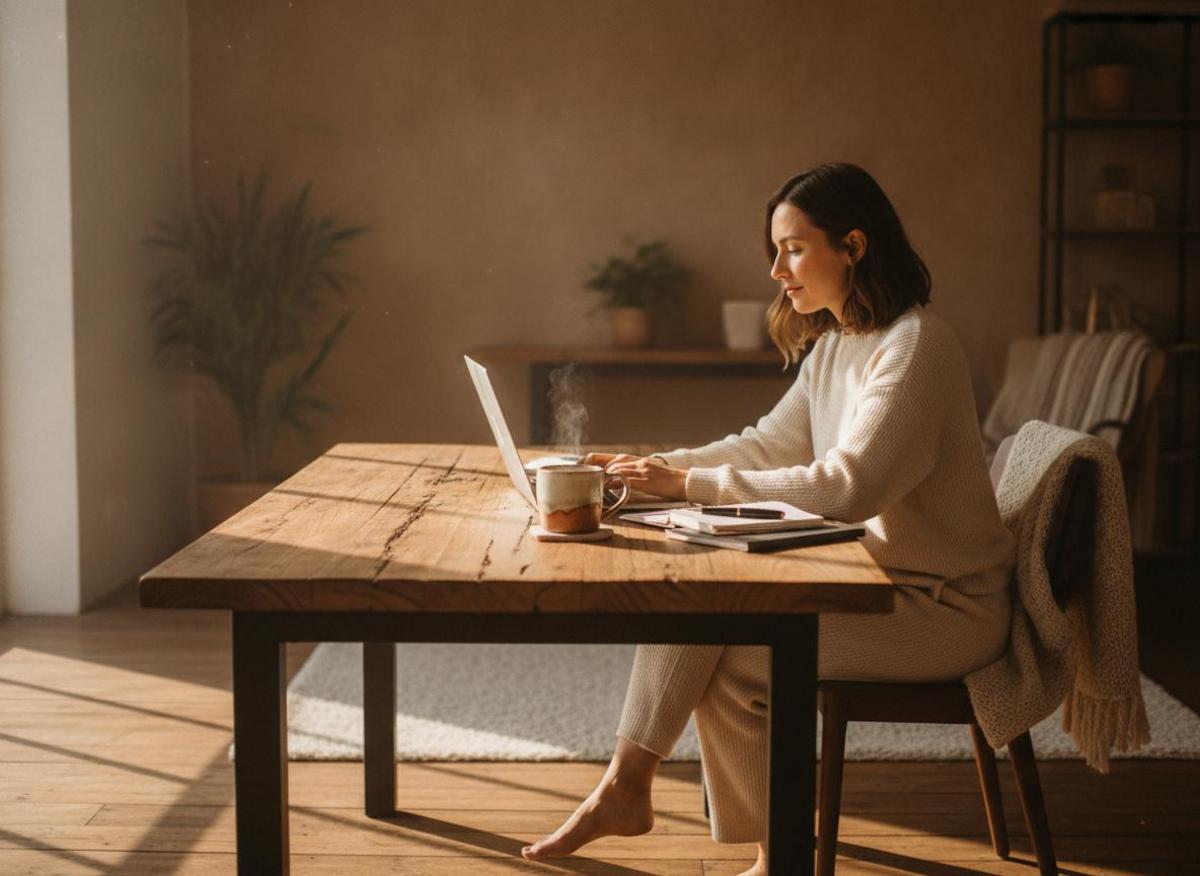 Woman researching SEO trends for small business 2026 on laptop in sunlit home office with coffee mug
