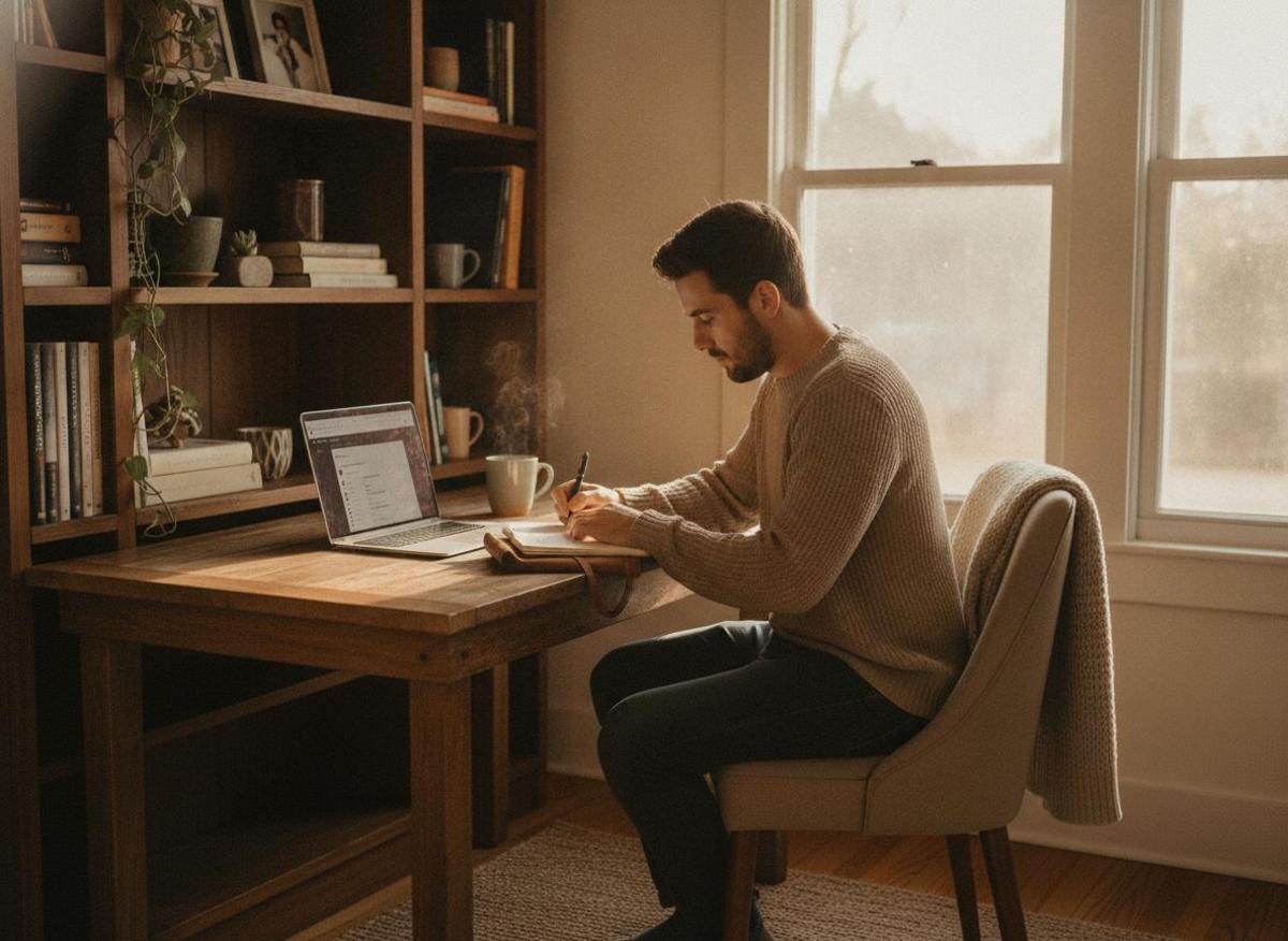 Young man writing SEO trends for small business 2026 notes beside laptop in cozy home office with natural light