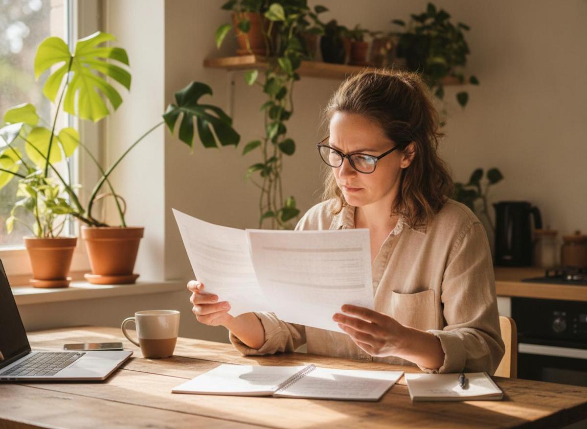 Small business owner reviewing SEO trends for small business 2026 documents at sunny kitchen table with plants