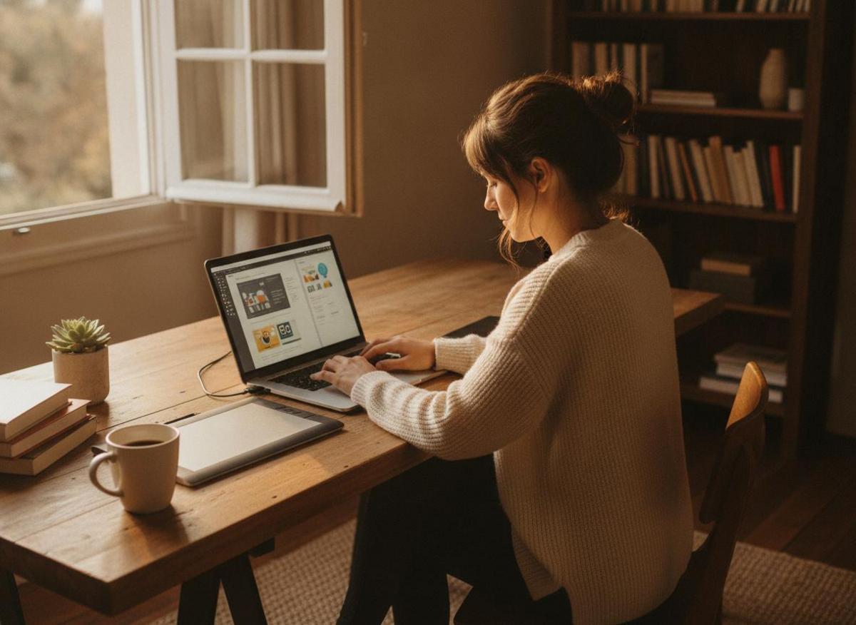 Freelancer building online business income streams on laptop in sunlit home office