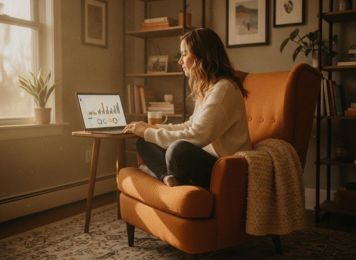 Freelancer reviewing online business income streams analytics on laptop in sunlit home office with coffee mug