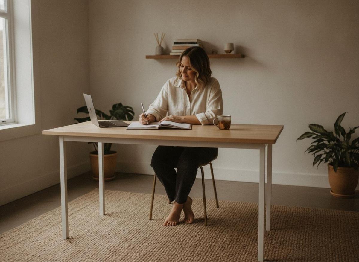 Confident woman writing in notebook at minimalist home office desk — building freelancer online business income streams
