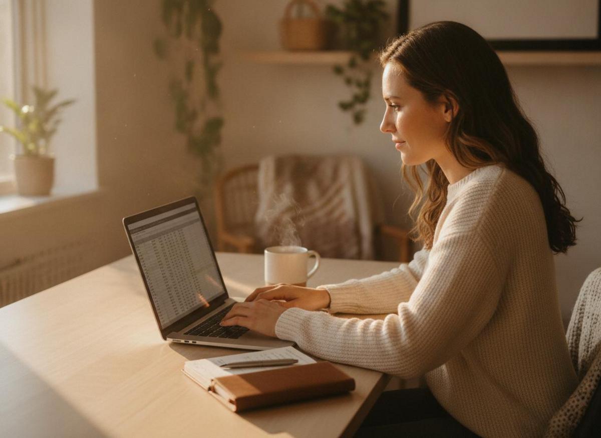 Female entrepreneur using best productivity apps for entrepreneurs at minimal desk with laptop and notebook in warm morning light