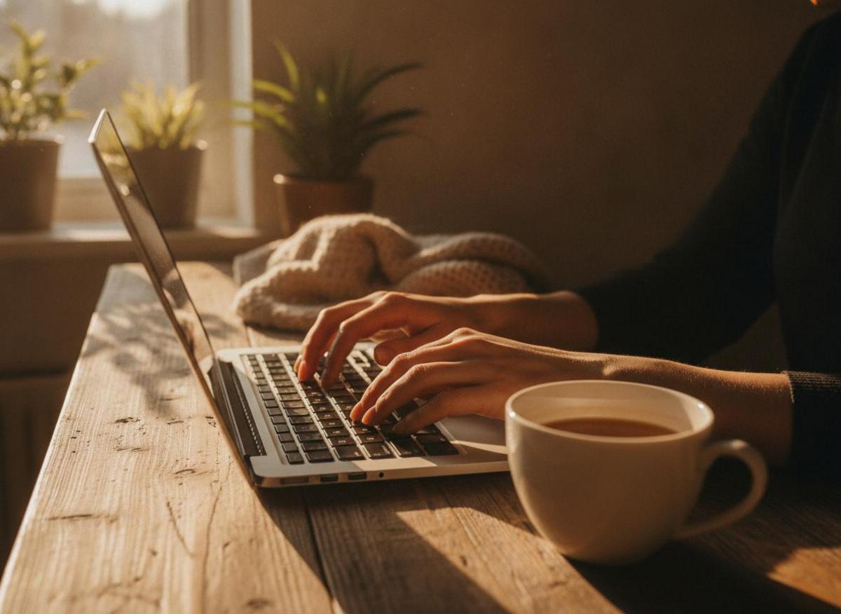 Woman typing on laptop in golden hour home office, exploring best productivity apps for entrepreneurs