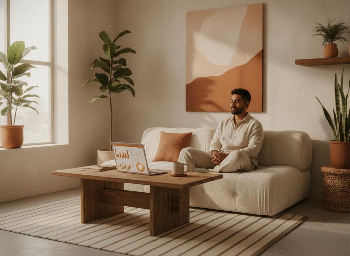 Entrepreneur using best productivity apps for entrepreneurs on laptop, relaxed in sunlit minimal home office