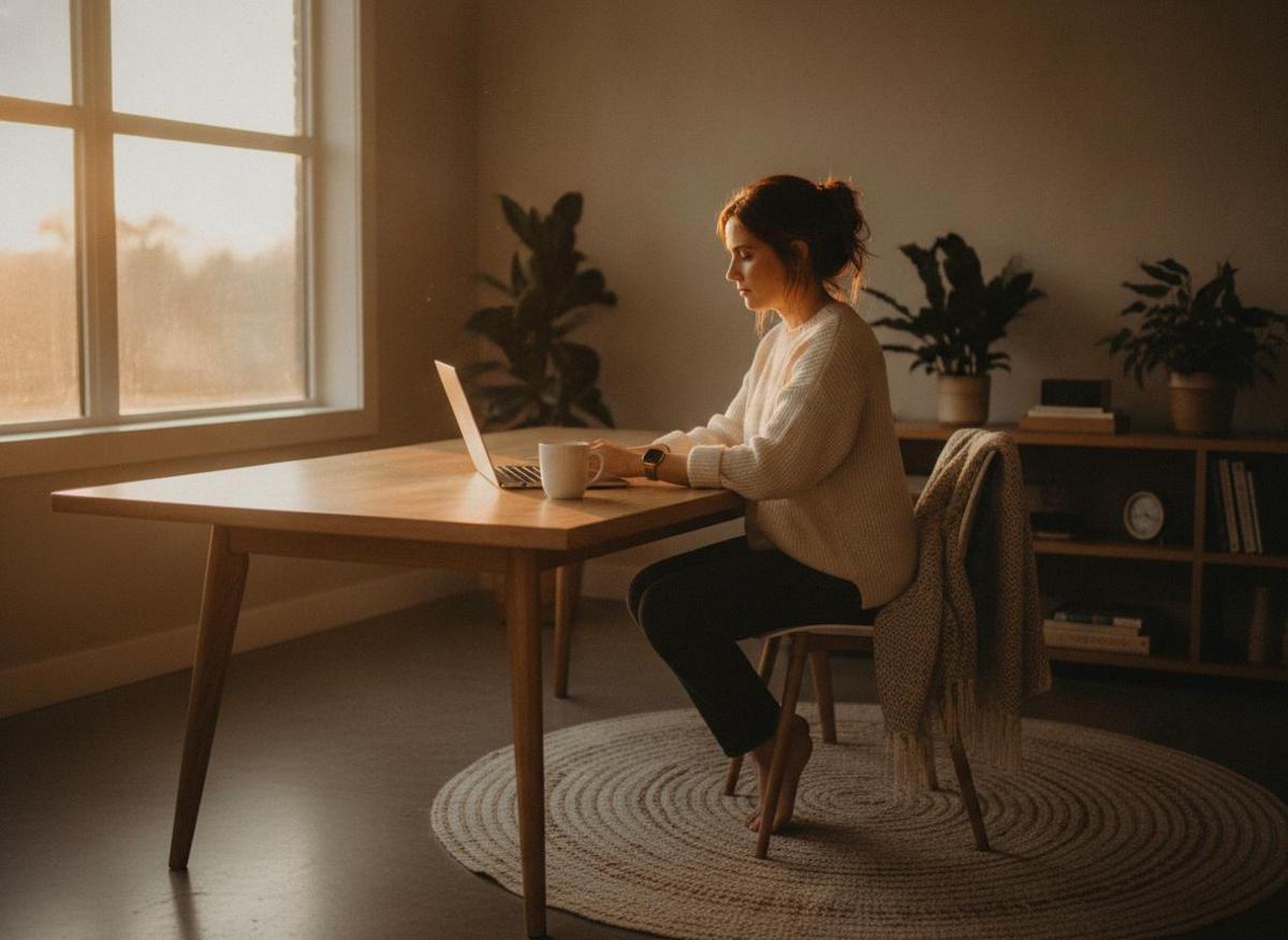 Woman entrepreneur at bright home office desk with coffee at sunrise, solopreneur daily routine productivity in warm morning light