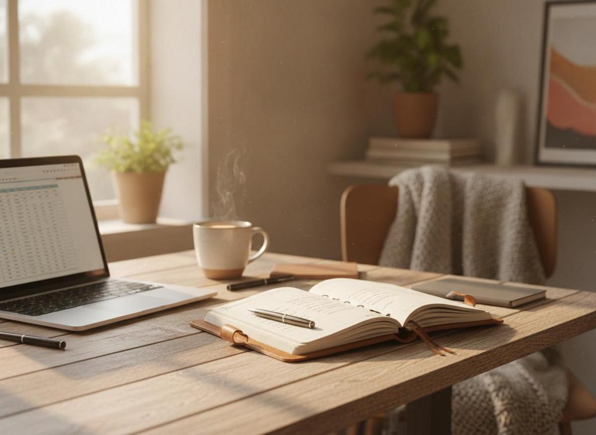 Open planner notebook and laptop on wooden desk — solopreneur daily routine productivity in a cozy morning home office