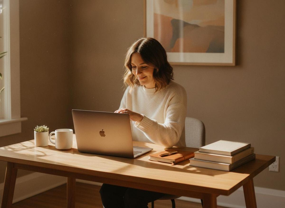 Woman closing laptop at tidy desk in golden light — solopreneur daily routine productivity shutdown ritual