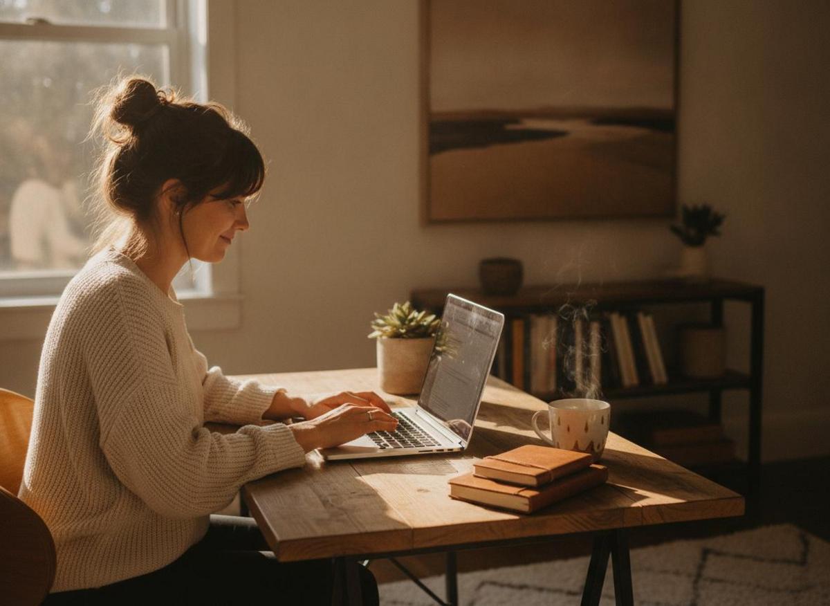 Solo entrepreneur working on digital marketing trends 2026 strategy at home office desk with morning coffee
