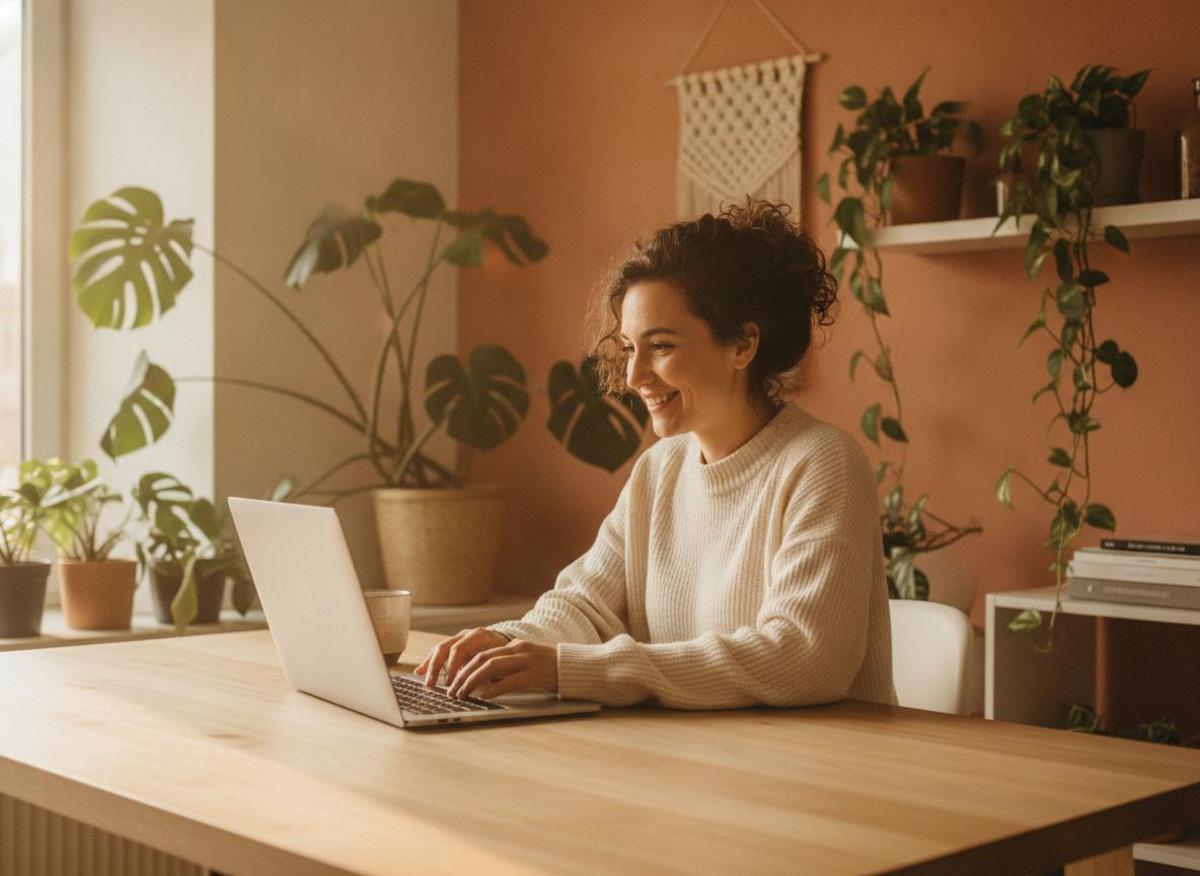 Smiling entrepreneur on video call at bright home workspace — digital marketing trends entrepreneur 2026 community growth