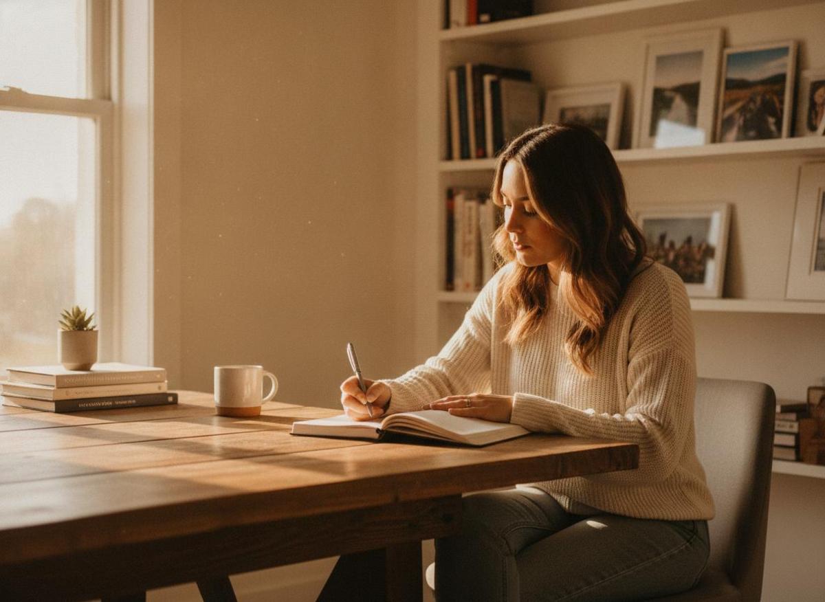 Solopreneur woman planning her content strategy at a sunlit wooden desk with open notebook in a warm home office