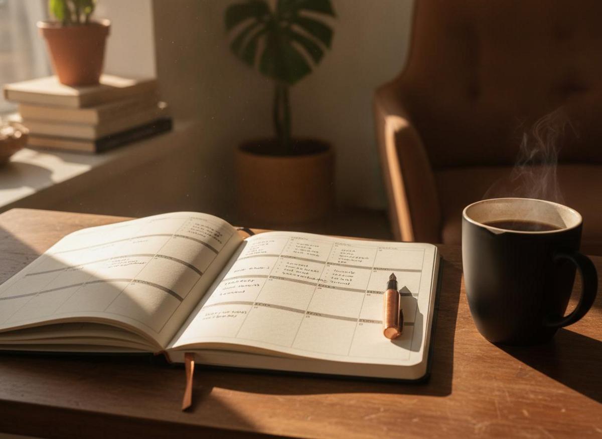 Open planner and coffee mug on desk in natural light — simple content strategy for solopreneurs home office setup