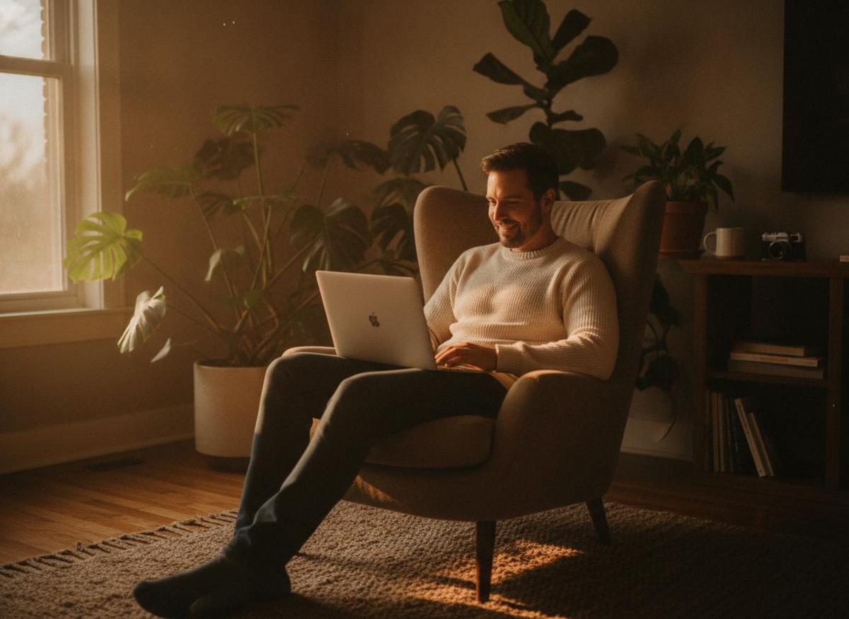 Solo entrepreneur applying content strategy for solopreneurs on laptop in warm sunlit home office with plants