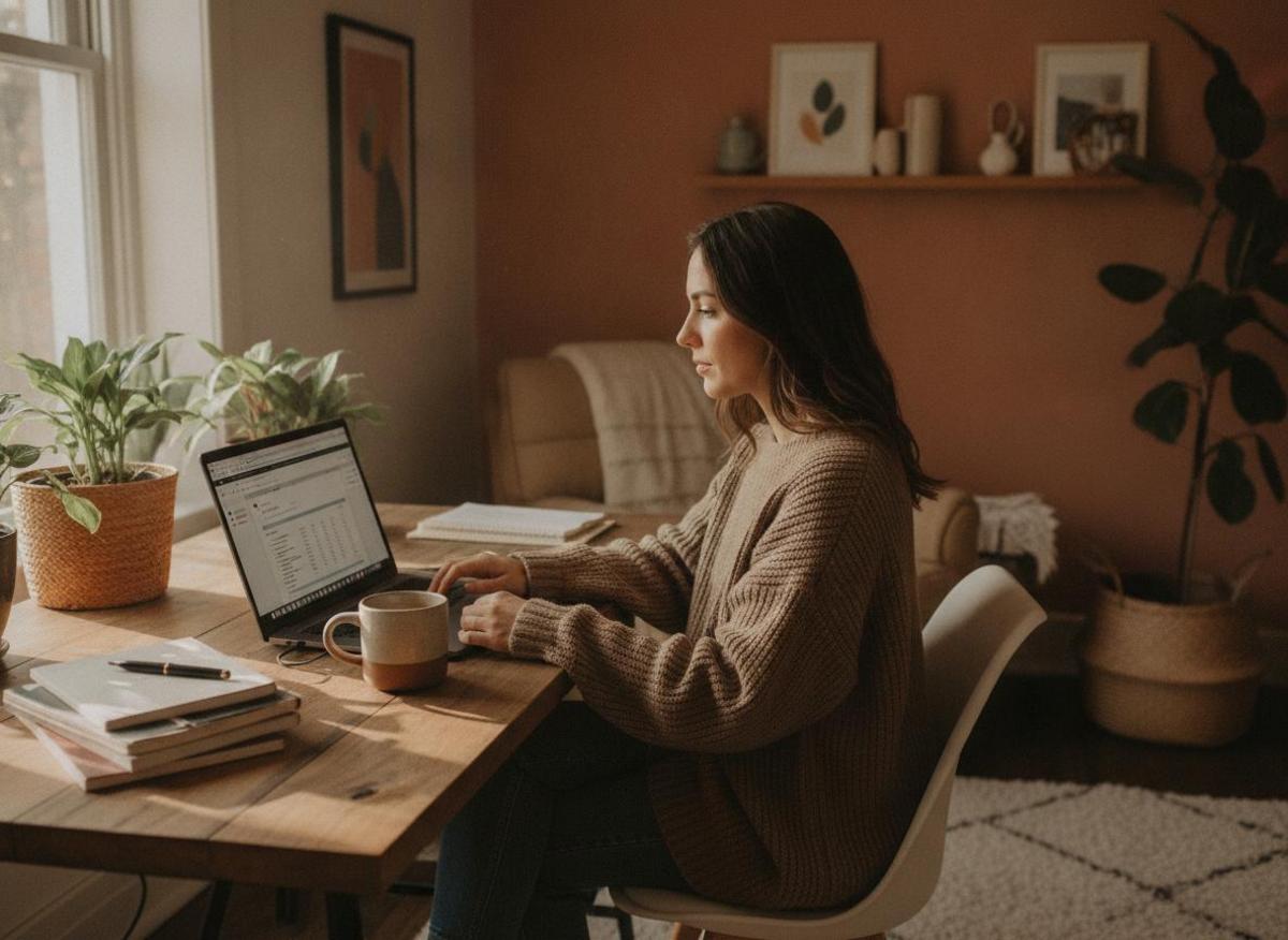 Woman researching how to rank on Google for free on laptop in cozy home office with coffee and natural light