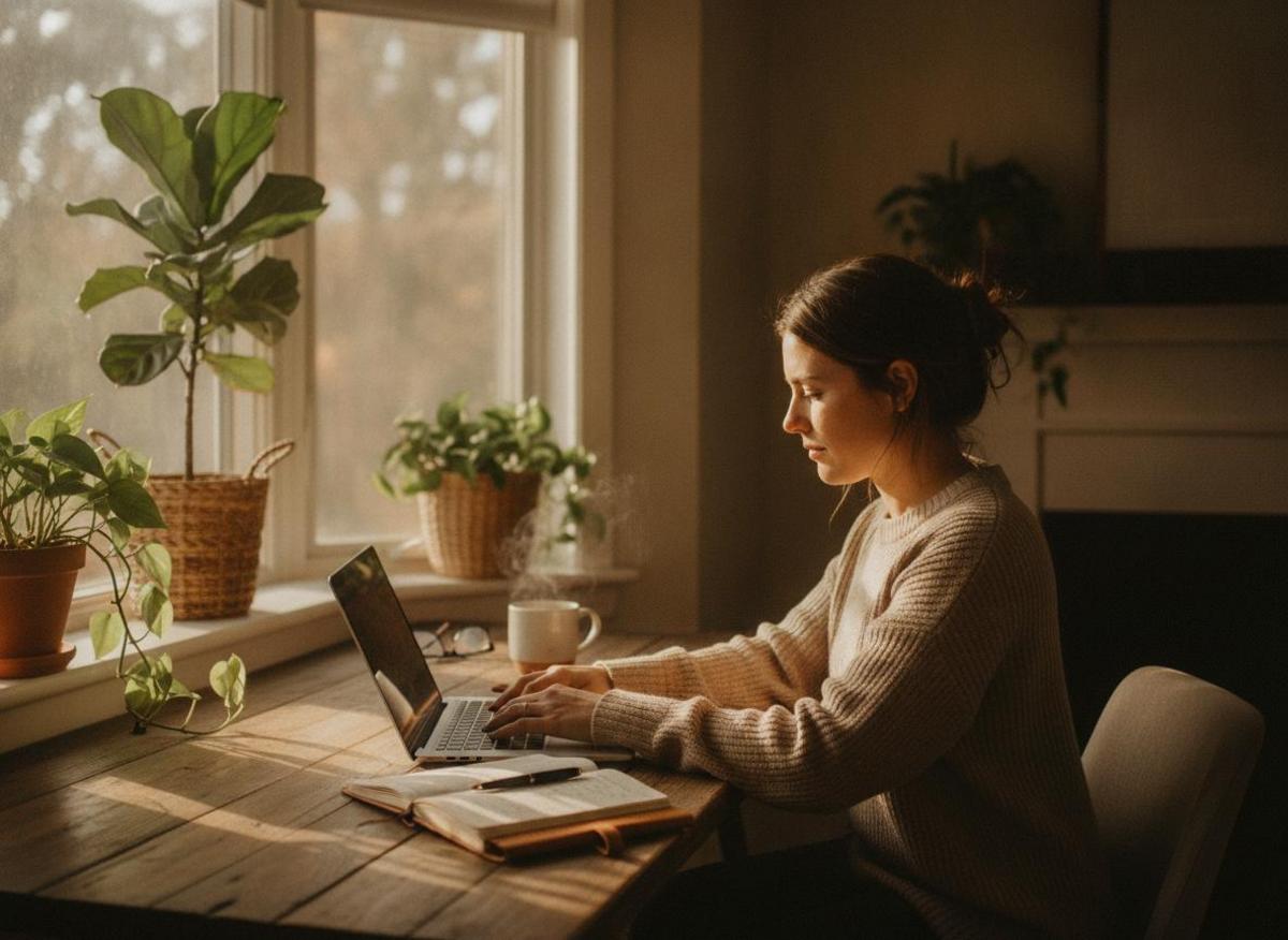 Solo entrepreneur learning how to rank on Google for free, typing content strategy notes by sunny window with plants