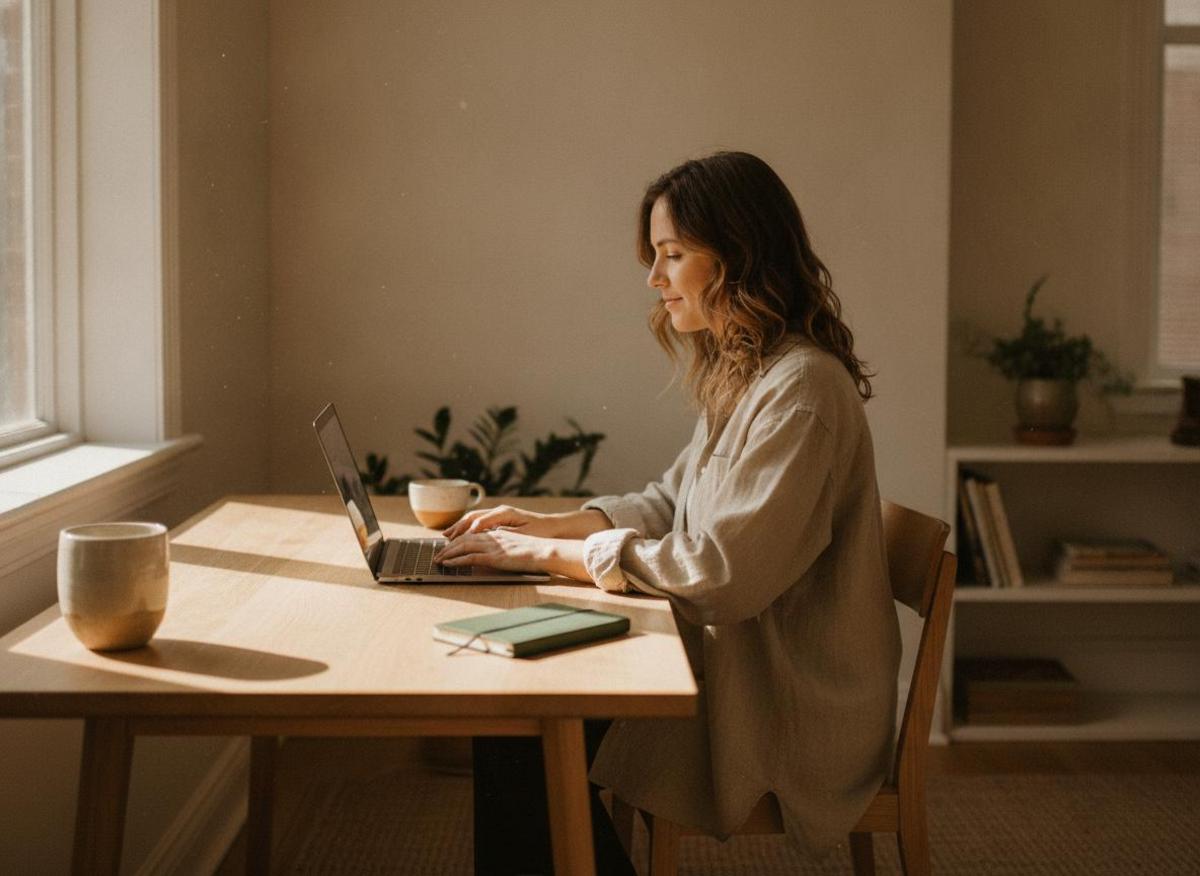 Person at minimalist home desk learning how to rank on Google for free, sunlight streaming through window