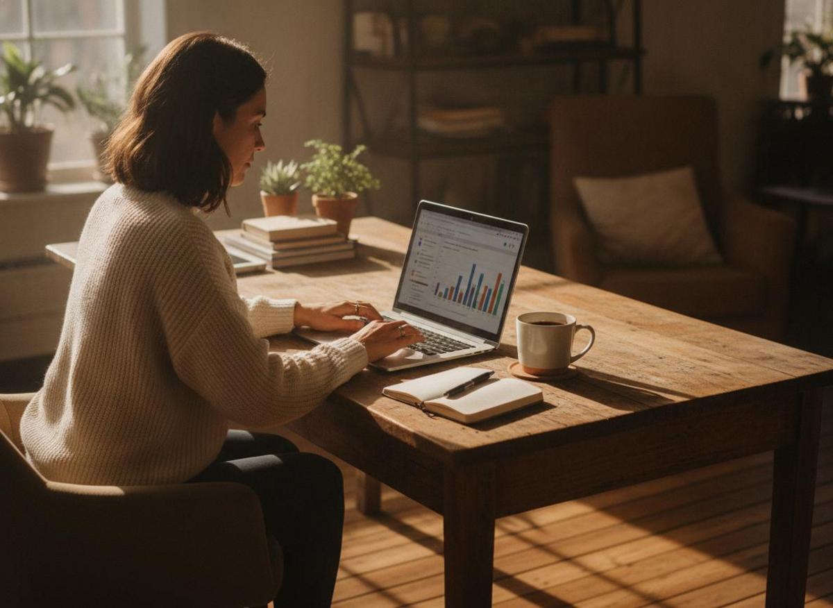 Entrepreneur reviewing competitor content gaps on laptop using ai seo strategy for entrepreneurs in sunlit home office