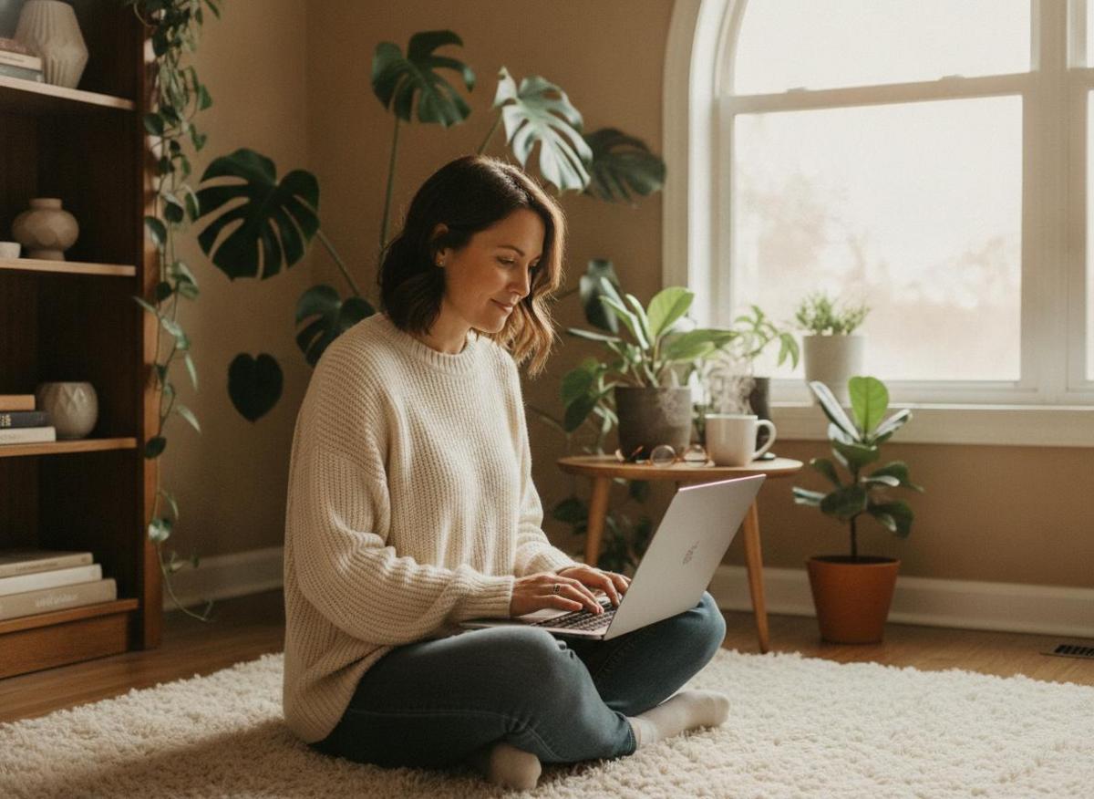 Solo founder crafting an ai seo strategy for entrepreneurs at laptop, cozy home office with plants, calm focus
