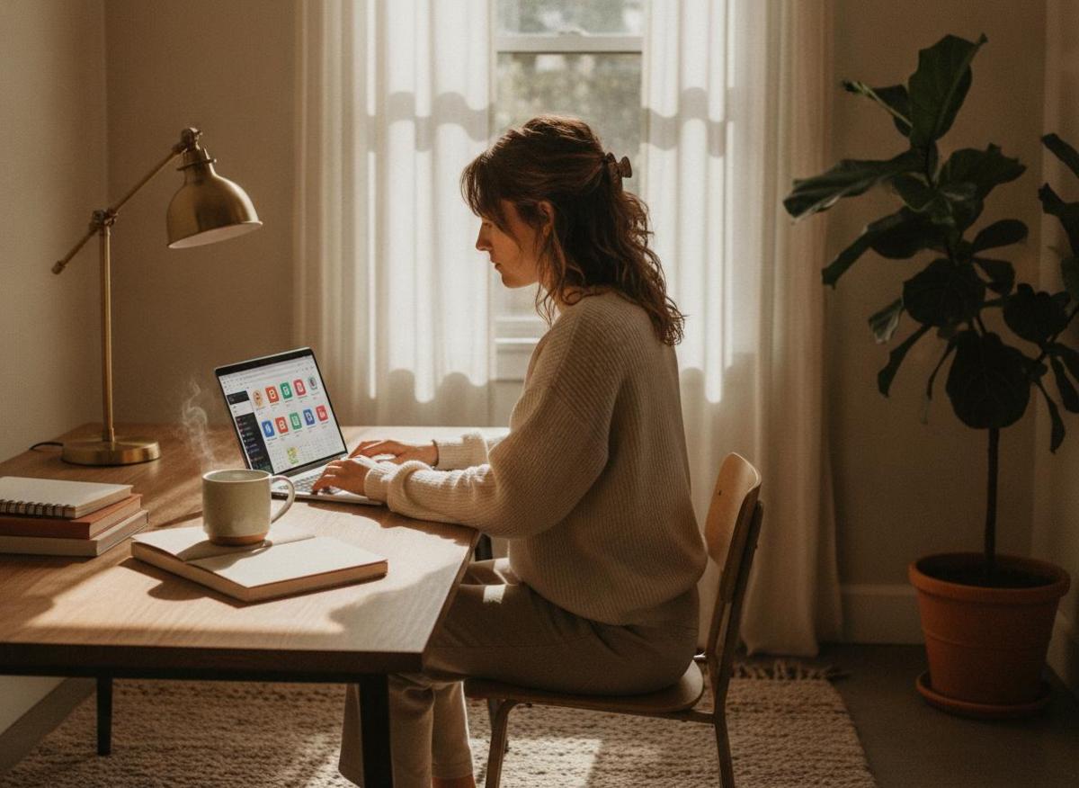 Woman at tidy home office desk with browser tabs open, applying ai seo strategy for entrepreneurs solo