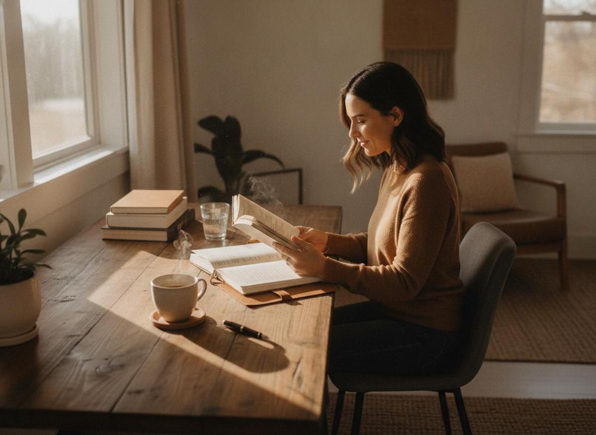Woman studying seo for beginners step by step at wooden desk, notebook open, coffee cup, warm morning light
