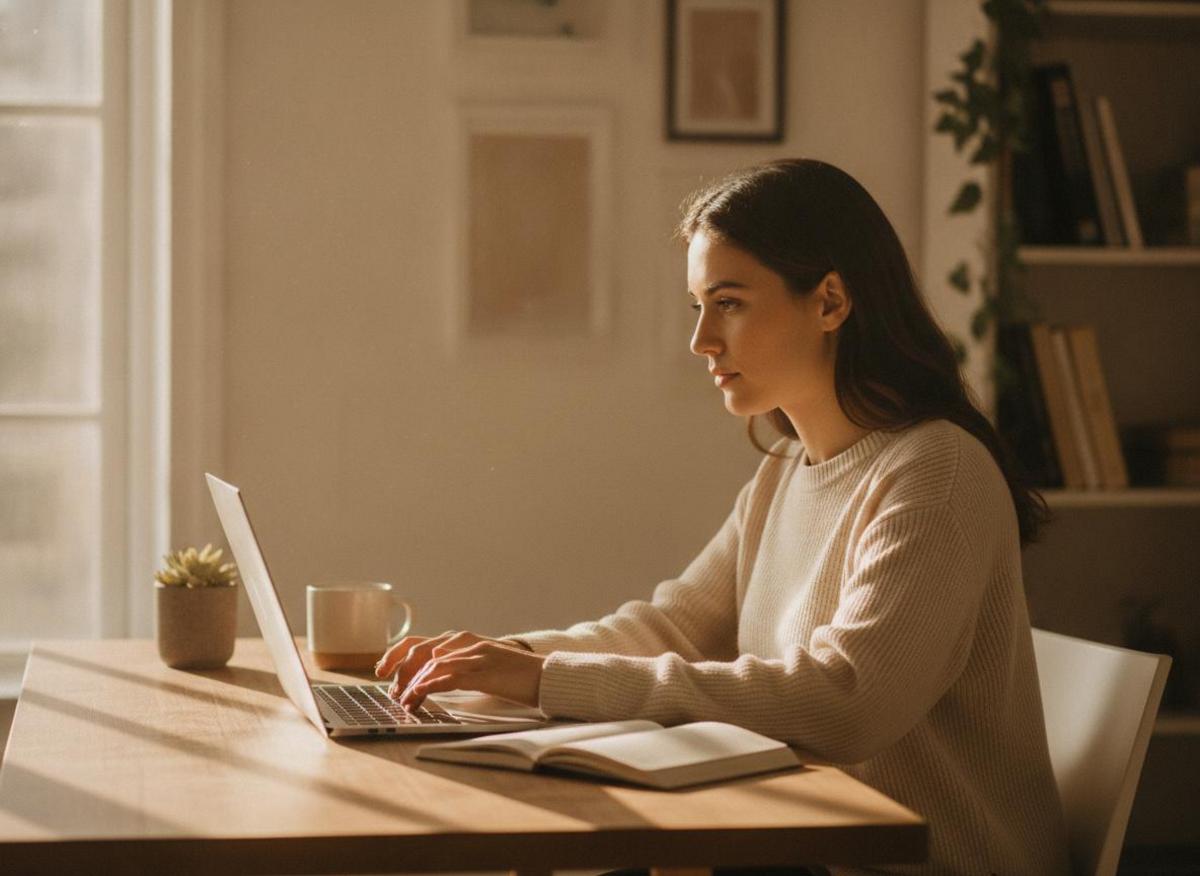 Solo entrepreneur learning seo for beginners step by step, typing at minimal desk in warm natural light