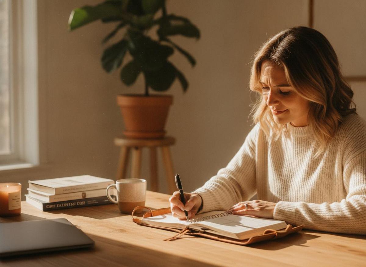 Person planning seo for beginners step by step at sunlit home office desk with plant, focused and calm