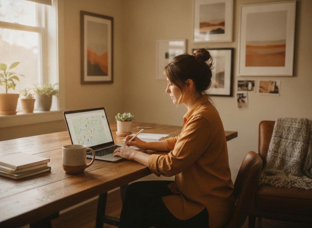 Small business owner reviewing Google Maps on laptop to learn how to rank on Google, small business home office