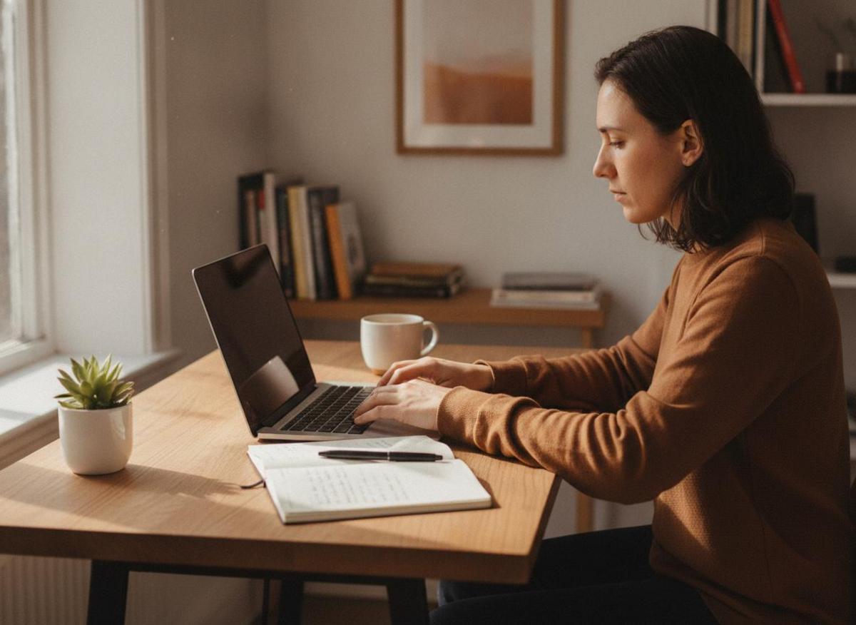 Entrepreneur working on how to rank on Google small business strategy at bright minimal desk with notebook