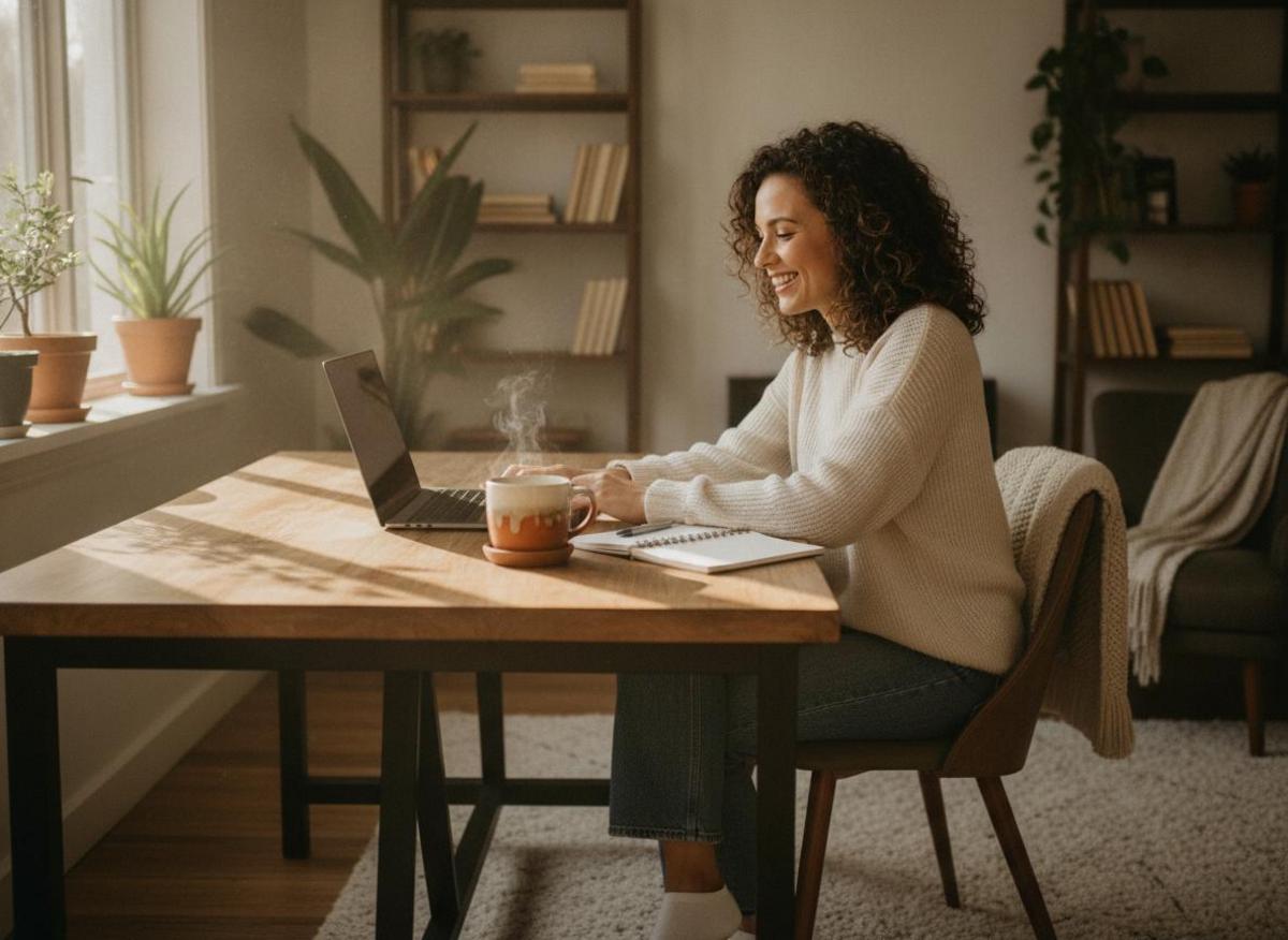 Smiling entrepreneur learning how to rank on Google small business tips at laptop in sunny home office with coffee