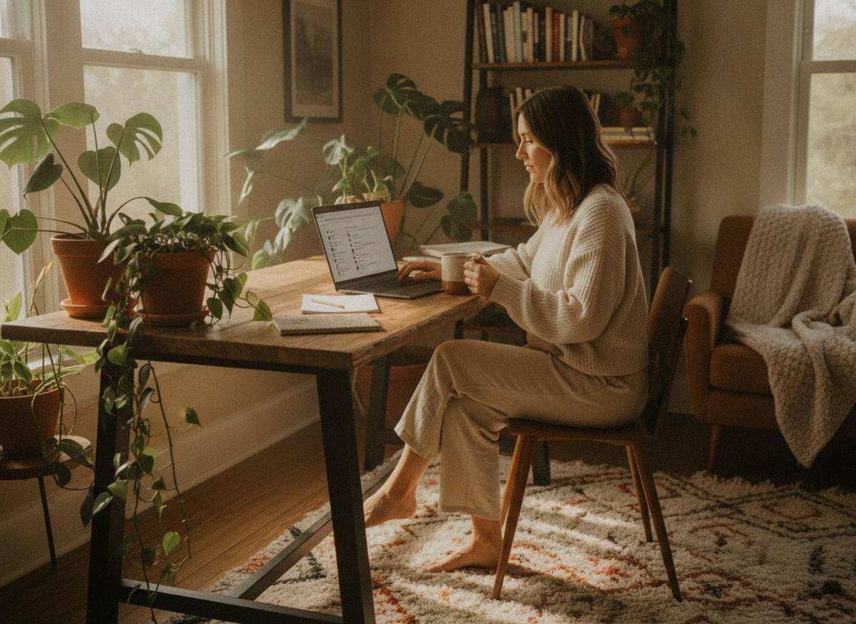 Woman using online tools to run a small business, organizing tasks on laptop in cozy home office with morning light