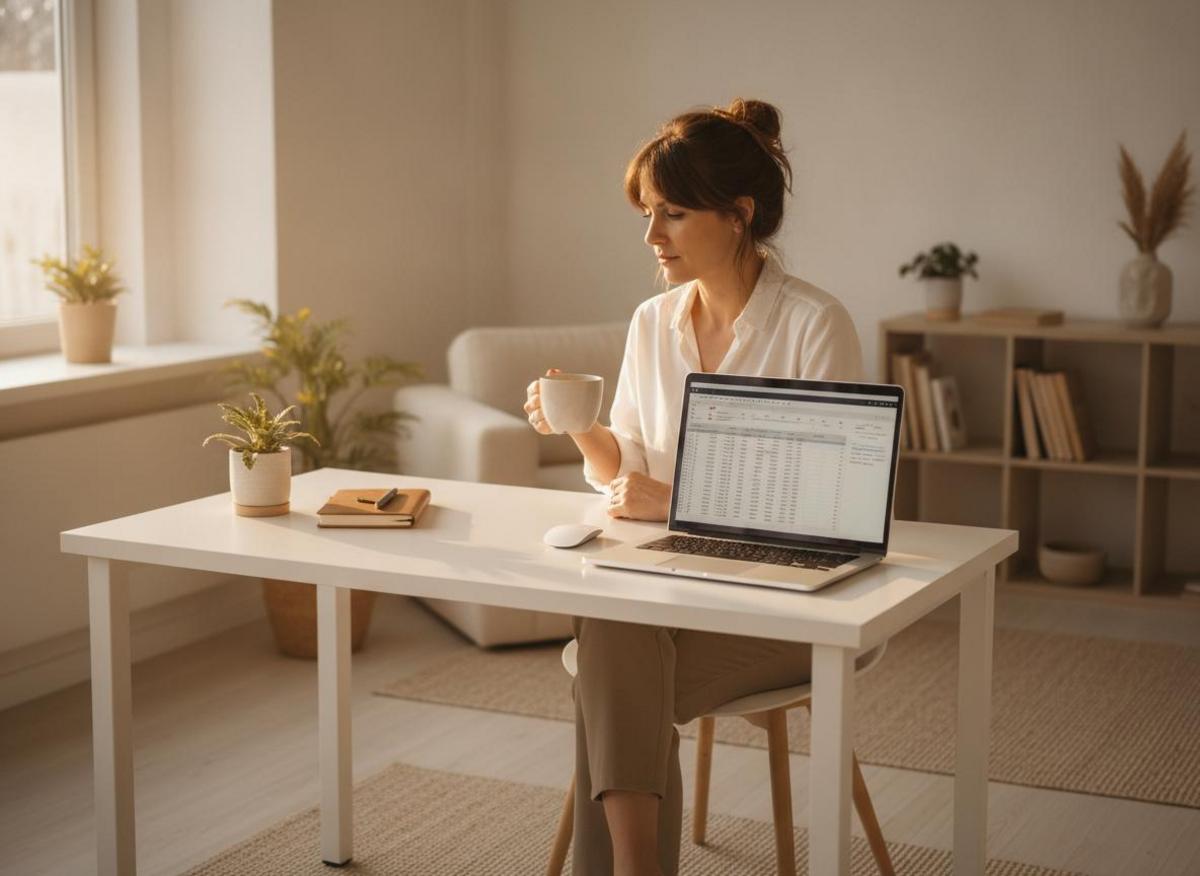 Entrepreneur using online tools to run a small business, reviewing finances on laptop with coffee in bright home office