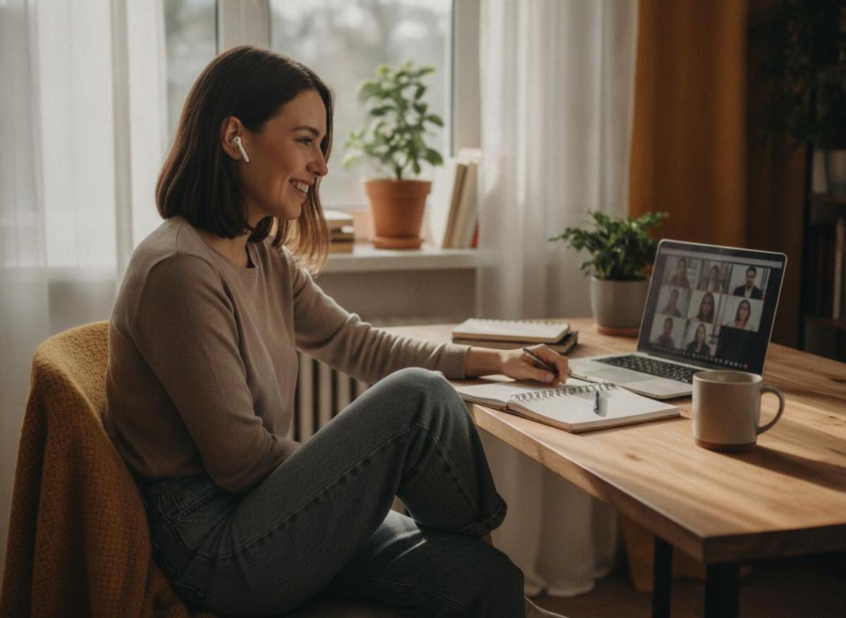Solo business owner using online tools to run a small business on a video call at a sunlit home desk with open notebook