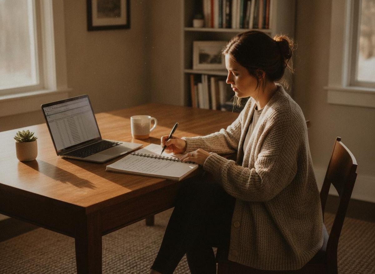Woman reviewing blog marketing notes for small business strategy at wooden desk with laptop in warm home office light