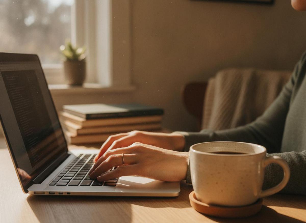 Hands typing on laptop beside coffee mug in cozy home office — blog marketing for small business strategy