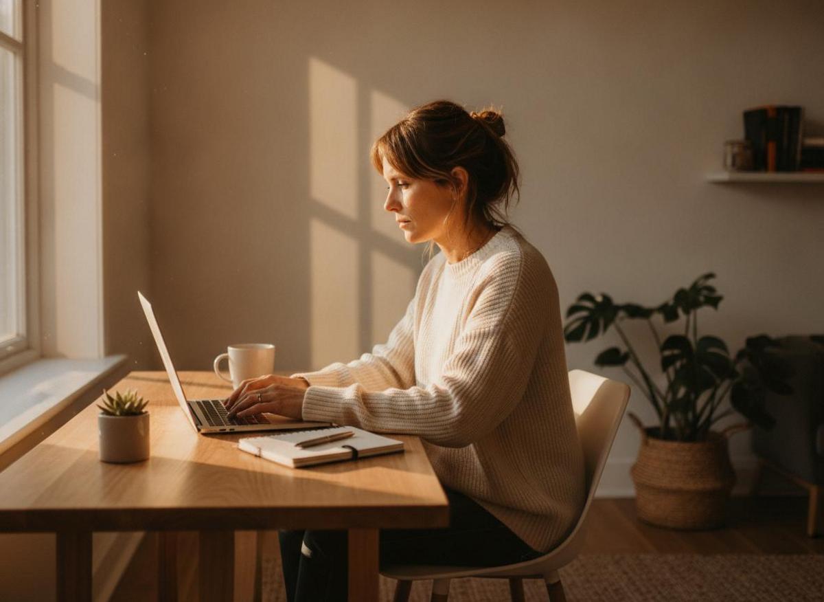Woman using tools for running online business solo at minimal desk in golden morning home office light