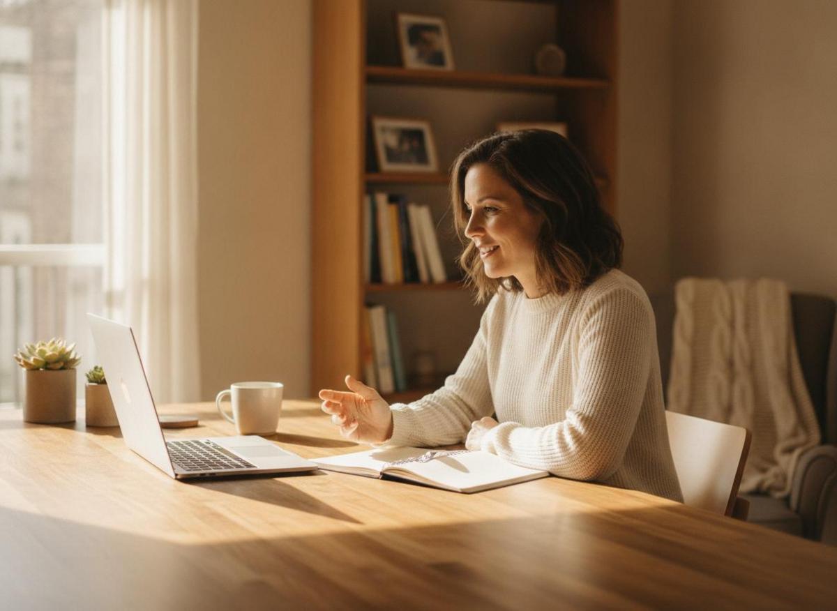 Solo entrepreneur using tools for running online business solo on video call at bright home office desk with notebook