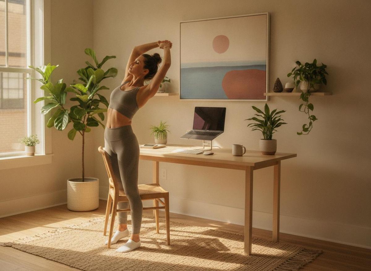Woman stretching at standing desk — calm solo workspace setup for tools for running online business solo