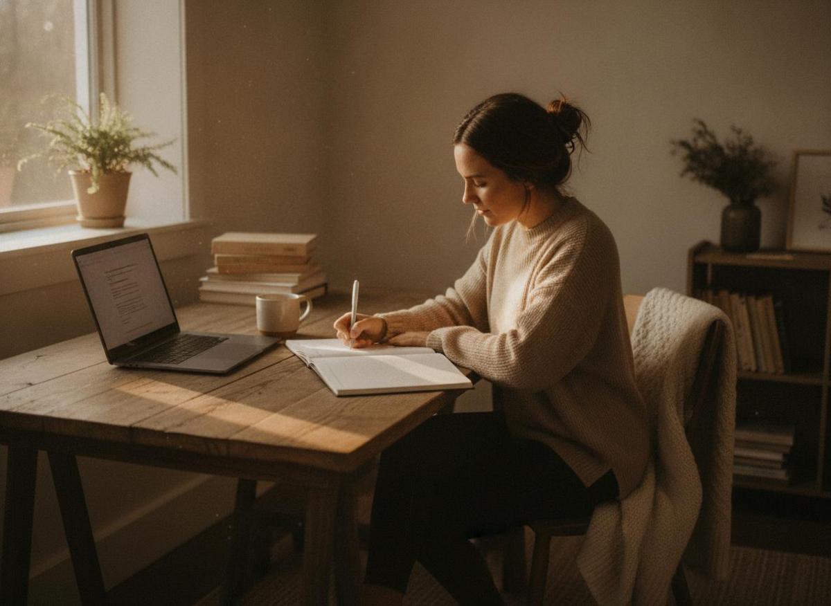 Woman writing keyword research notes in cozy home office — a beginner's approach to what is keyword research