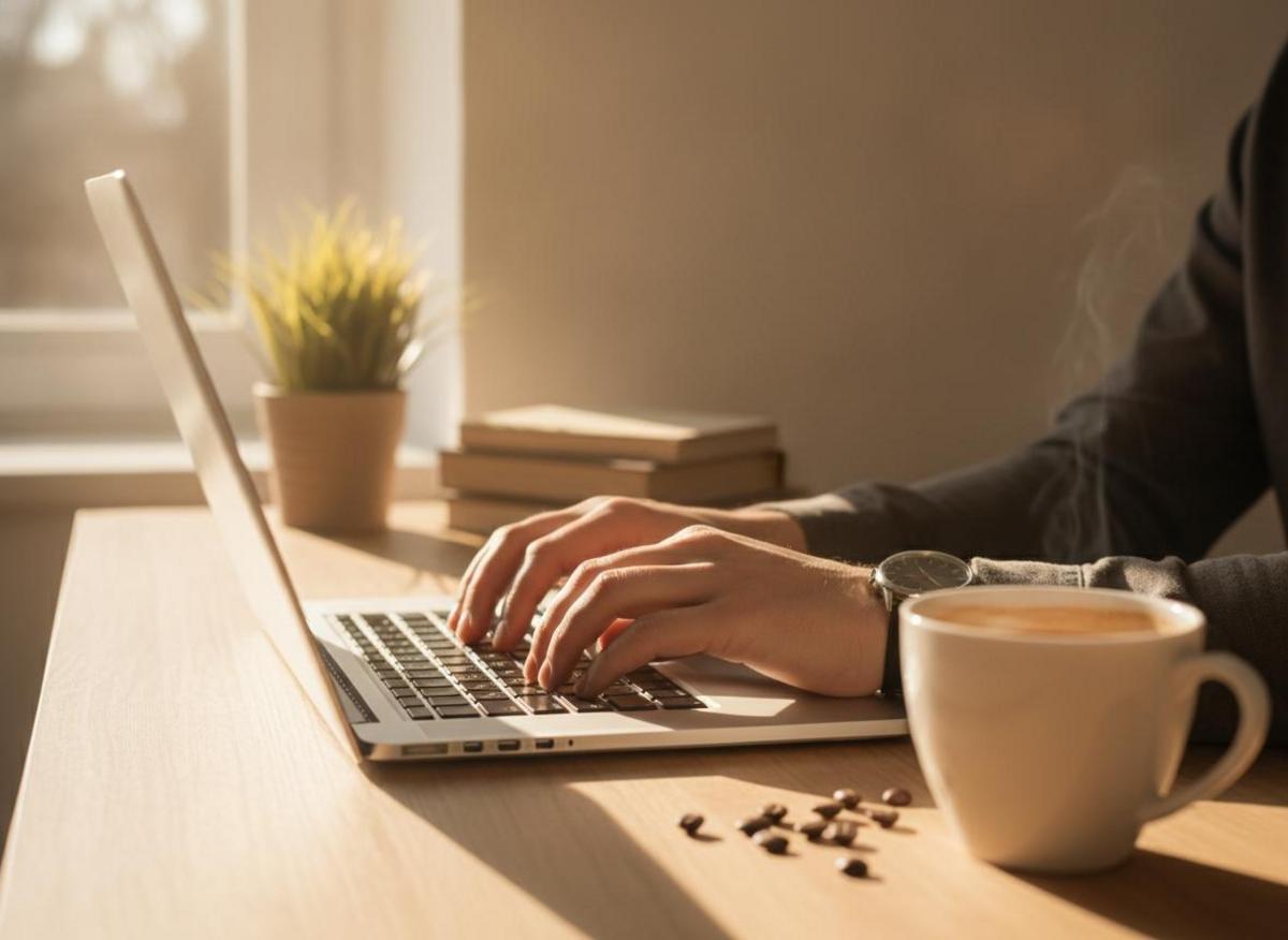 Hands typing on laptop doing keyword research for beginners, coffee mug on minimal desk in natural window light