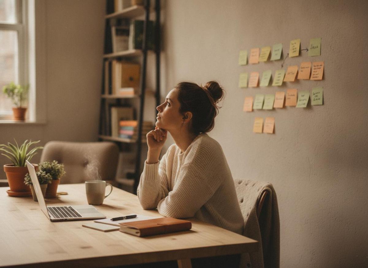 Woman exploring what is keyword research for beginners at sunny home office desk with sticky notes