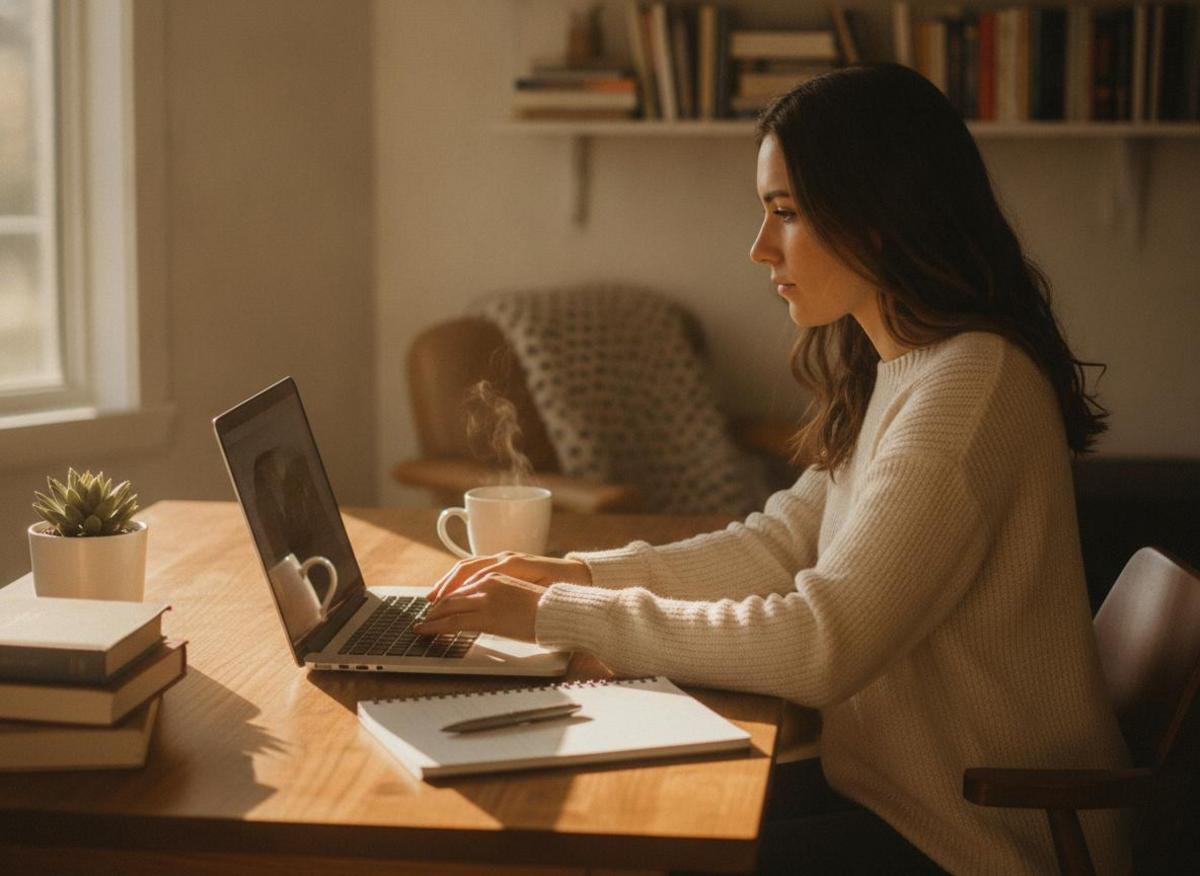 Solopreneur using free business tools at a tidy wooden desk with laptop and notebook in a sunlit home office