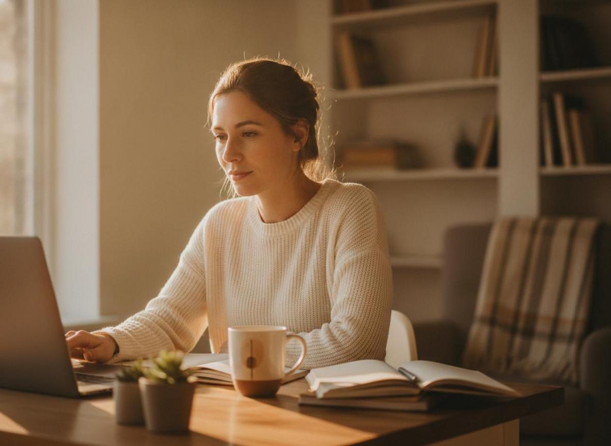 Woman using free business tools for solopreneurs on video call at home office desk with coffee, natural light