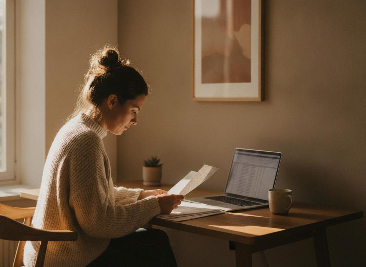 Solopreneur reviewing financial documents at minimalist home desk using free business tools for solopreneurs, golden hour light