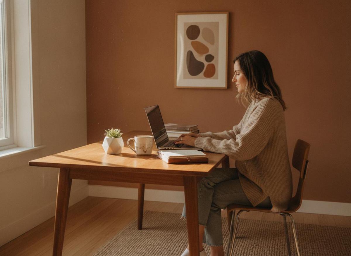 Woman applying on page seo tips for small business on laptop in cozy morning home office setup